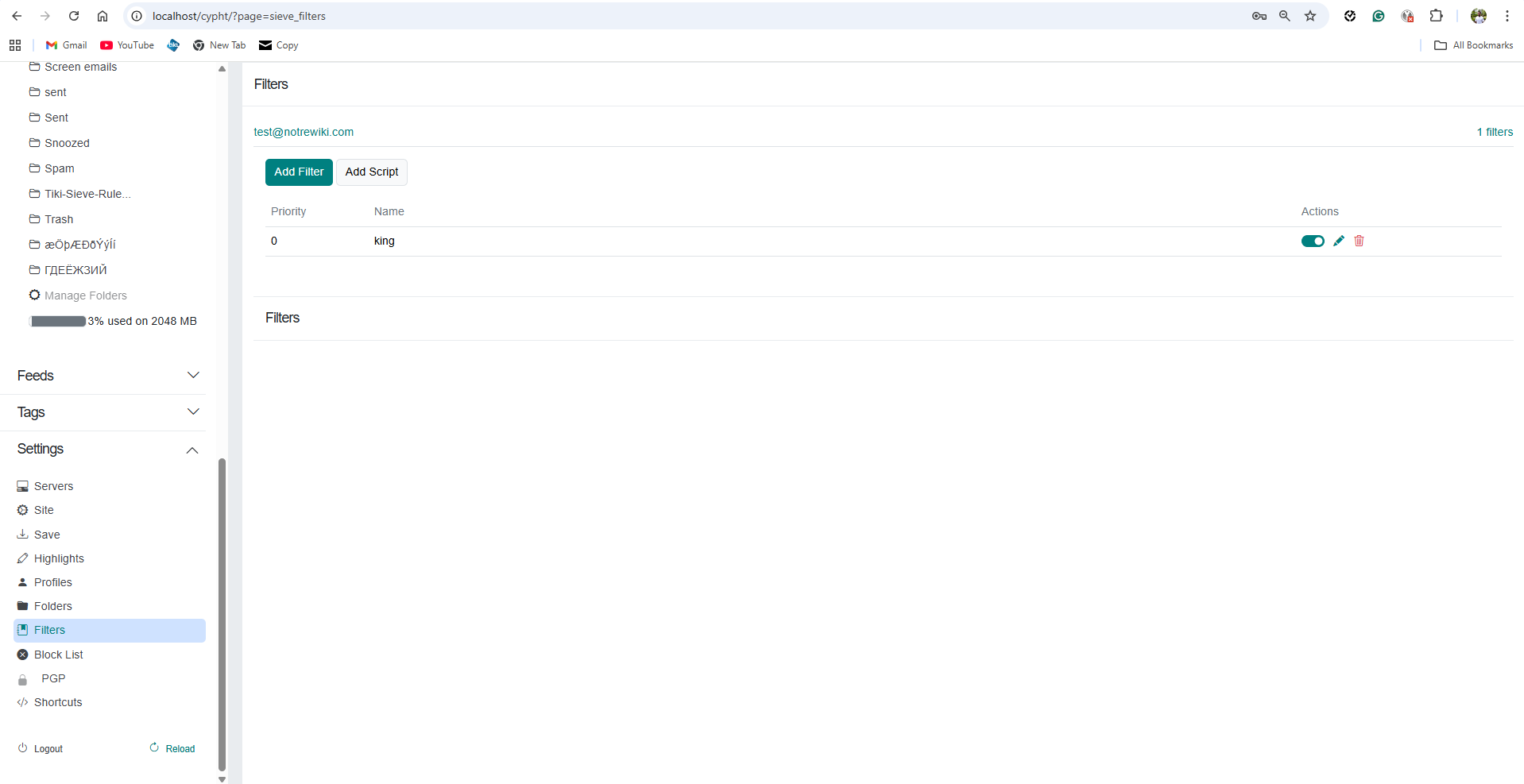 Filter list with Add Filter and Add Script buttons