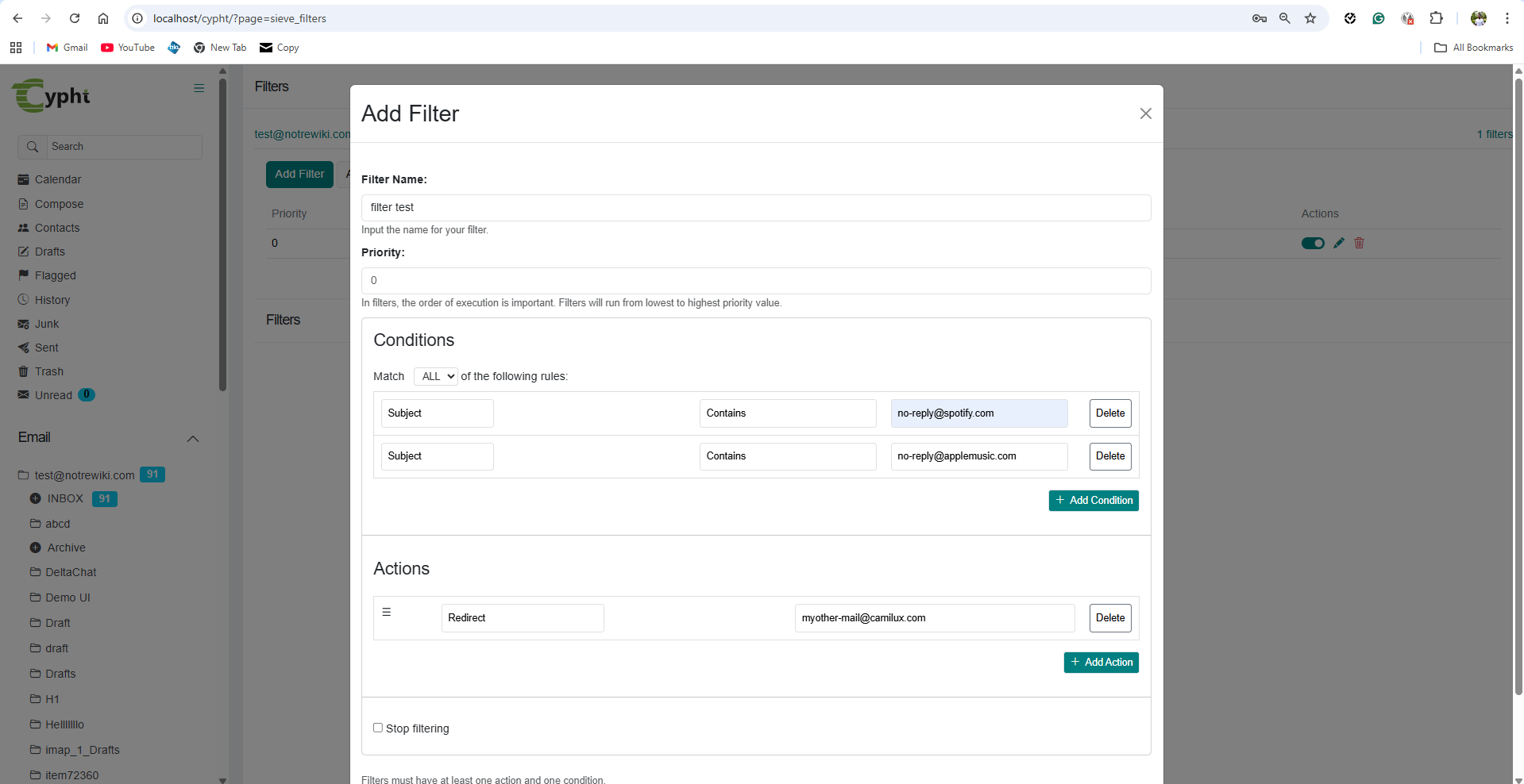 Filled Add Filter form with conditions and redirect action