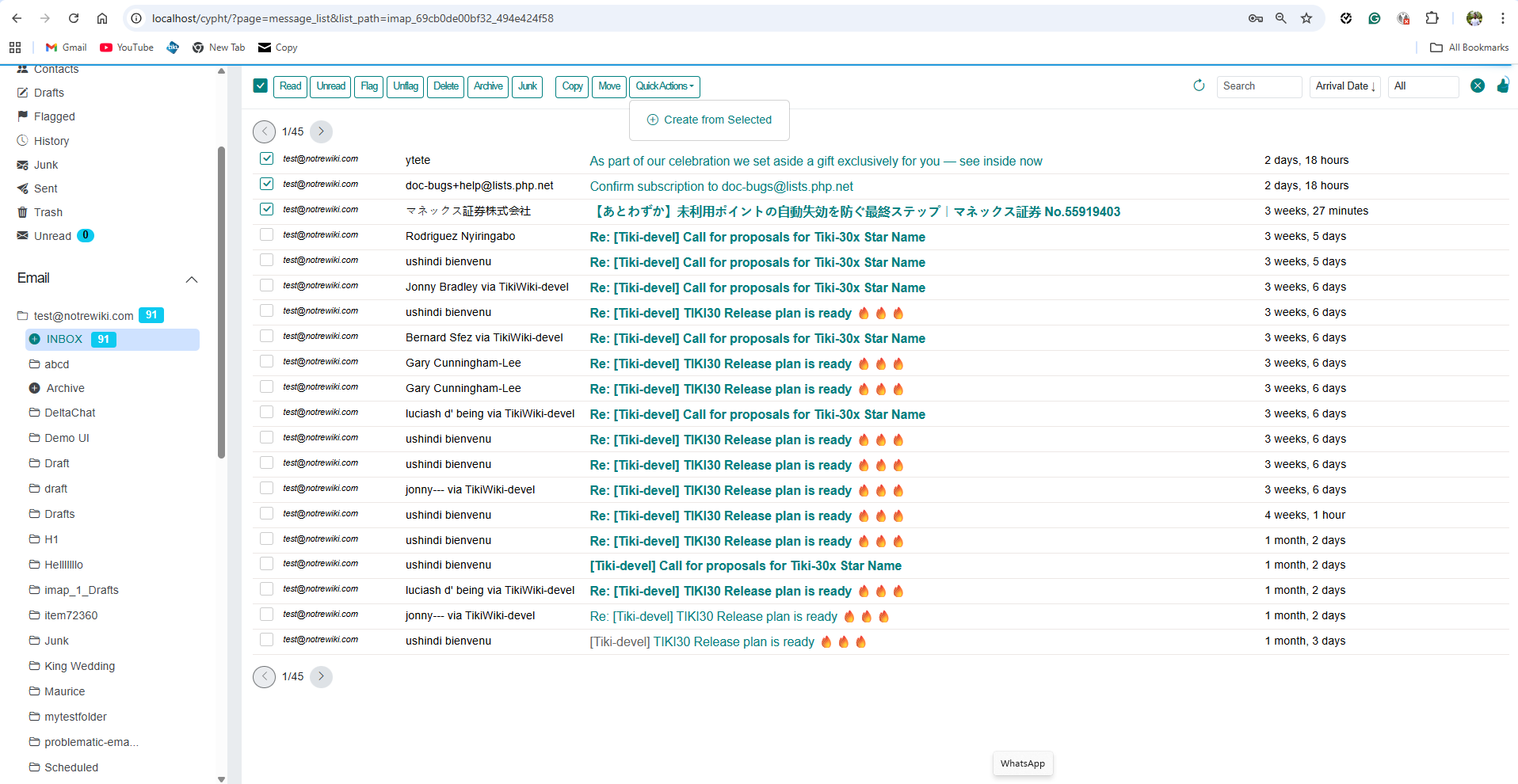 QuickActions dropdown showing Create from Selected option