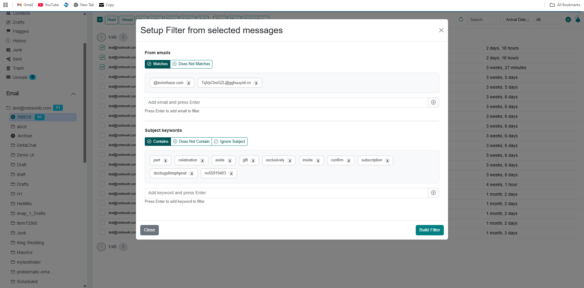Setup Filter from selected messages modal with auto-populated From emails and Subject keywords