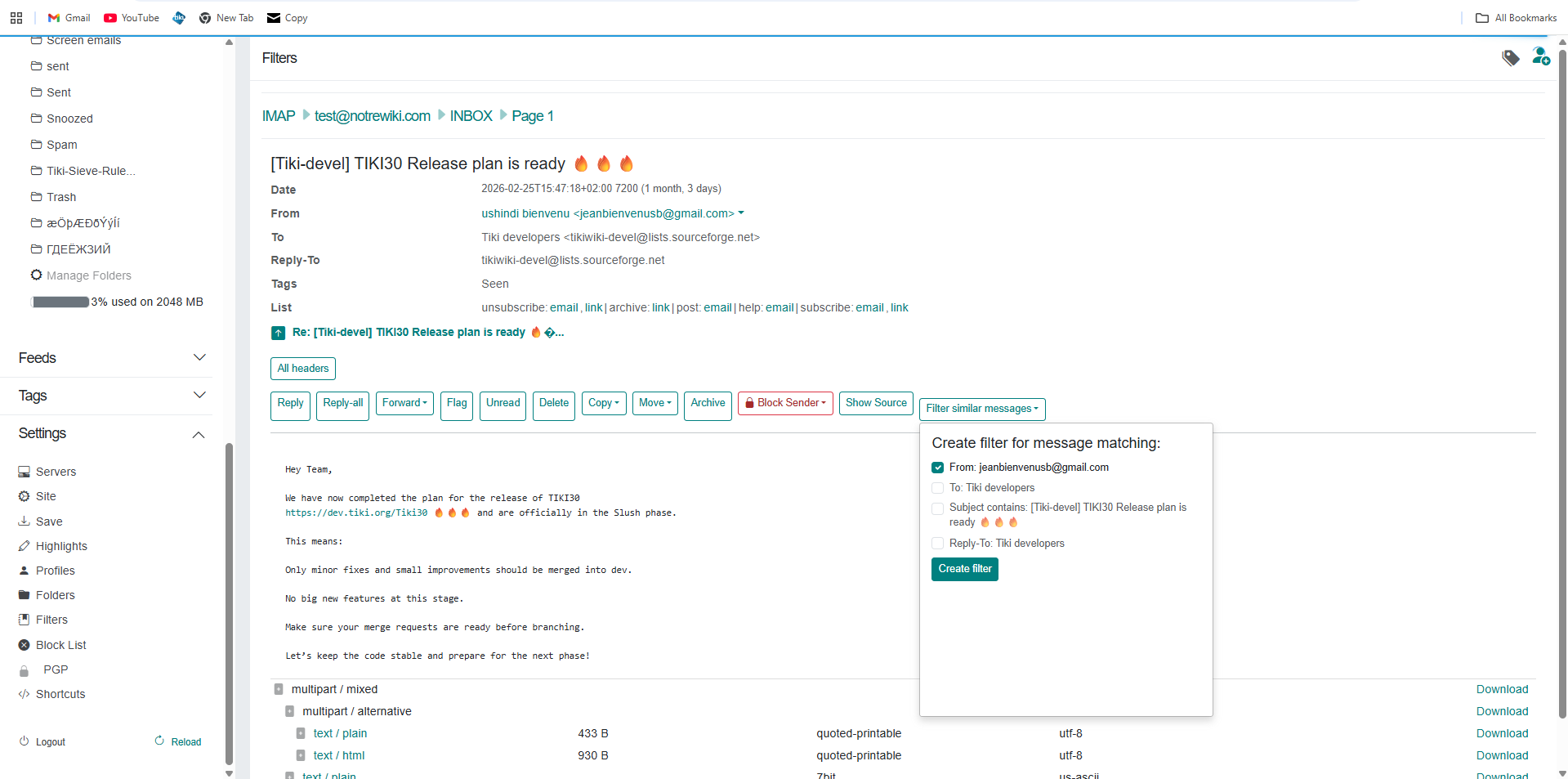 Filter similar messages dropdown with From, To, Subject and Reply-To checkboxes